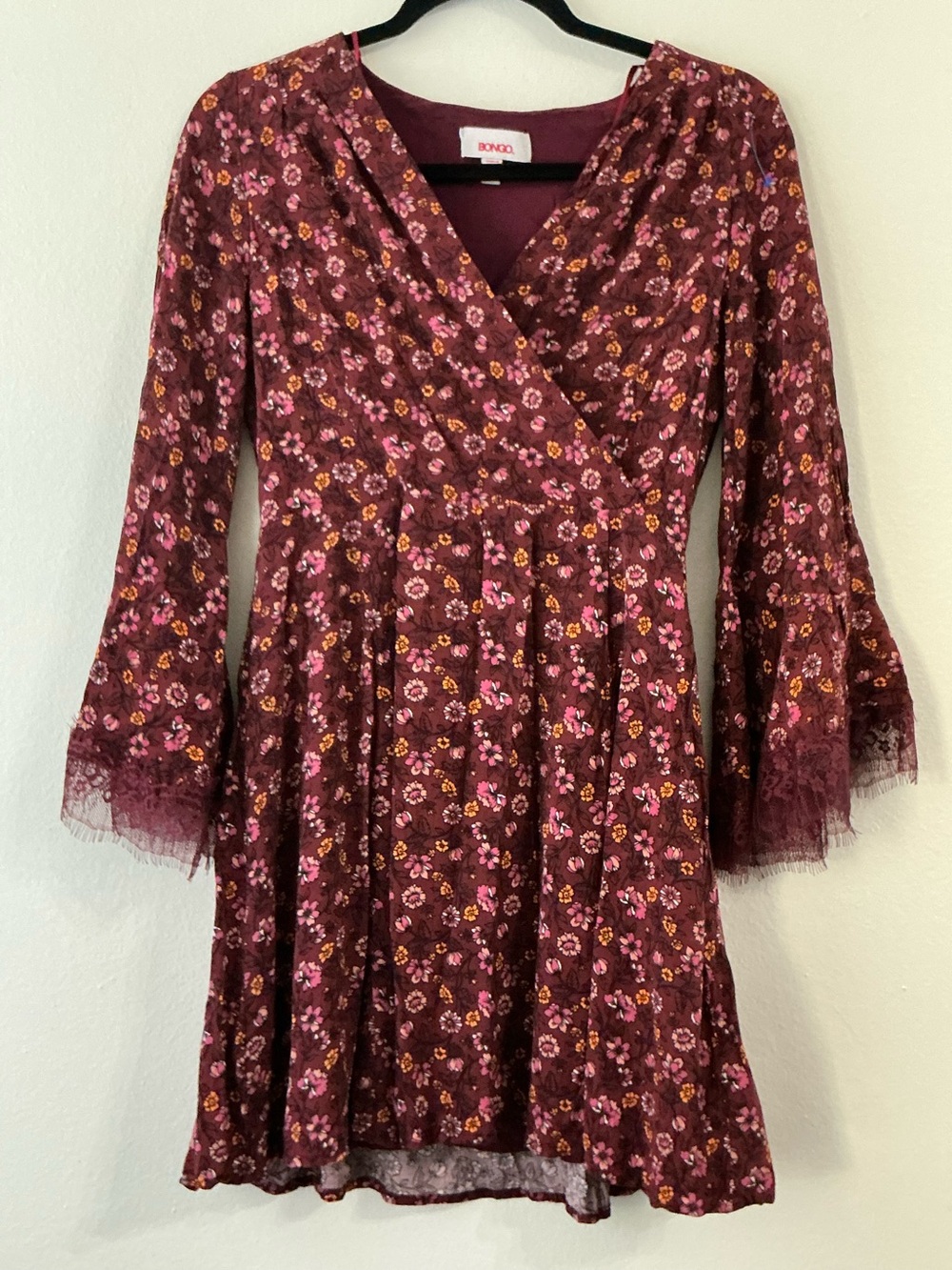 BONGO Maroon Floral Faux-Wrap Mini Dress Bell Sleeves Size:M - Picture 2 of 16
